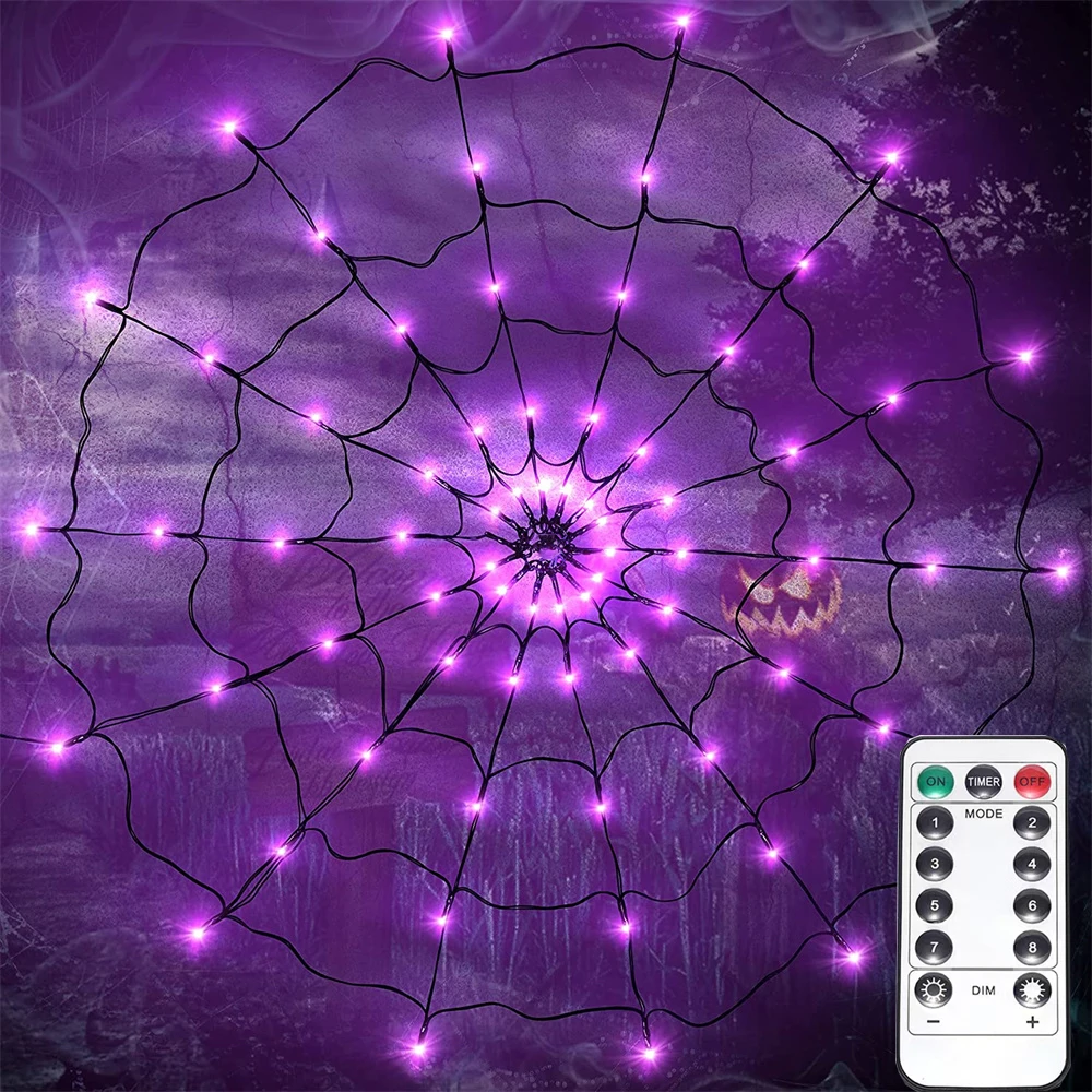 

Halloween Spider Web LED Lights Outdoor Courtyard Garden Spider Fear Props Decorative Purple String Light with Remote Control