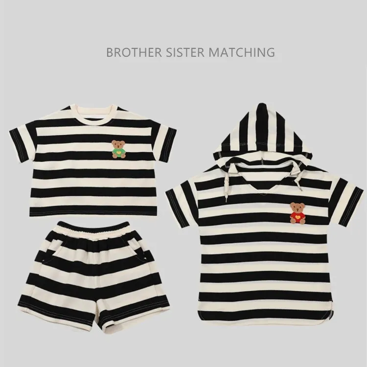 

Children Twins Clothes Sister and Brother Matching Clothing Baby Girls Dress with Hat Toddler Boy T Shirts + Shorts 2 Piece Sets