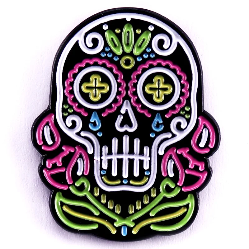 Sugar Skull Enamel Pin Neon Skull Metal Brooch Badge Day of The Dead Gothic Jewelry Accessories