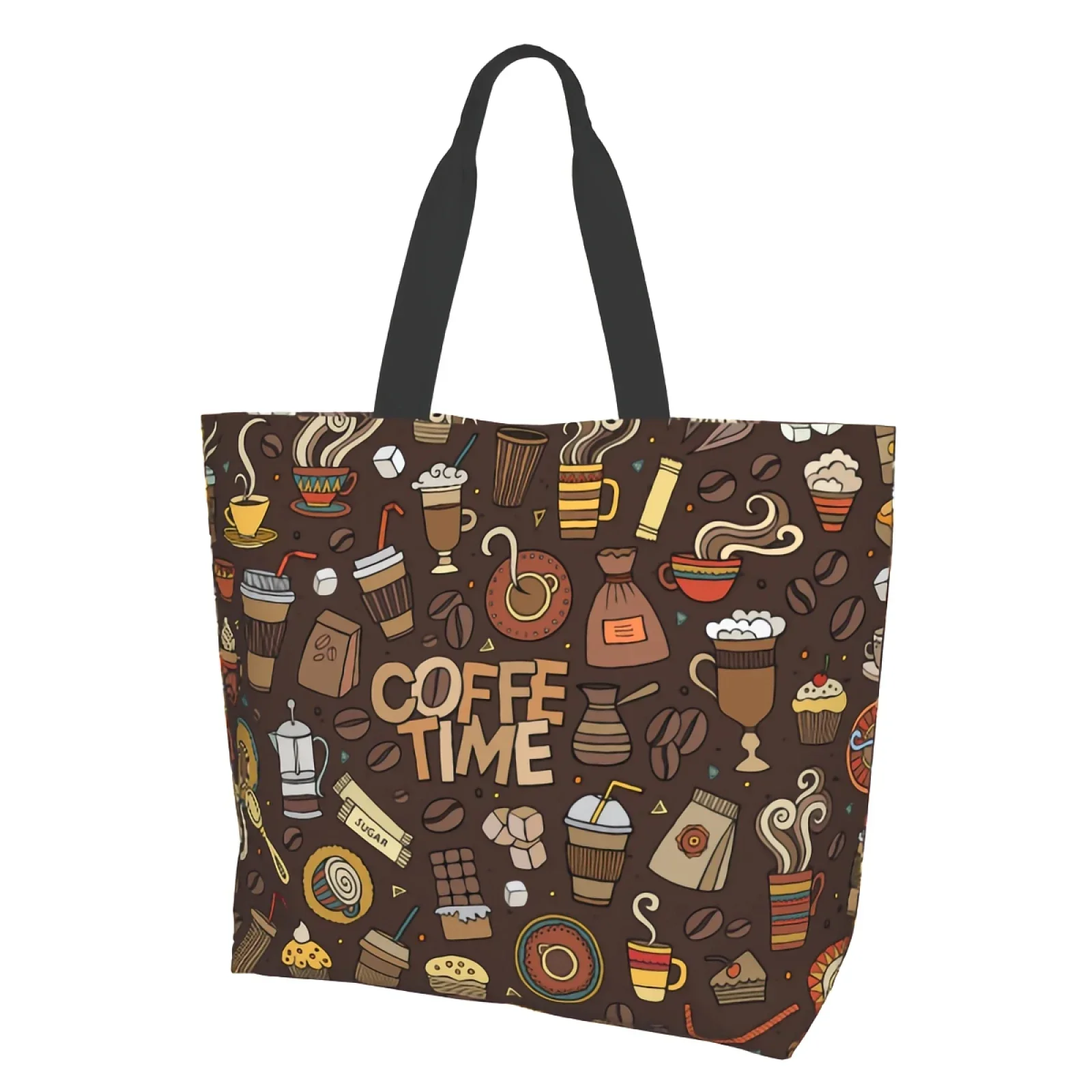 Coffee Time-Sac à provisions réutilisable marron, sac fourre-tout de dessin animé, décontracté, léger, grande capacité