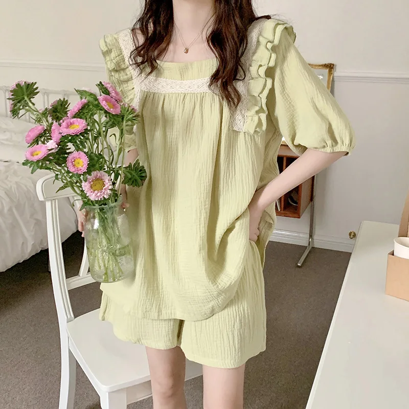 Simple Sweet Solid 4-Color Summer Short Sleeve New Pajama Set Women Half Pants Loose Holiday style Lazy Soft Elegant Sleep Tops