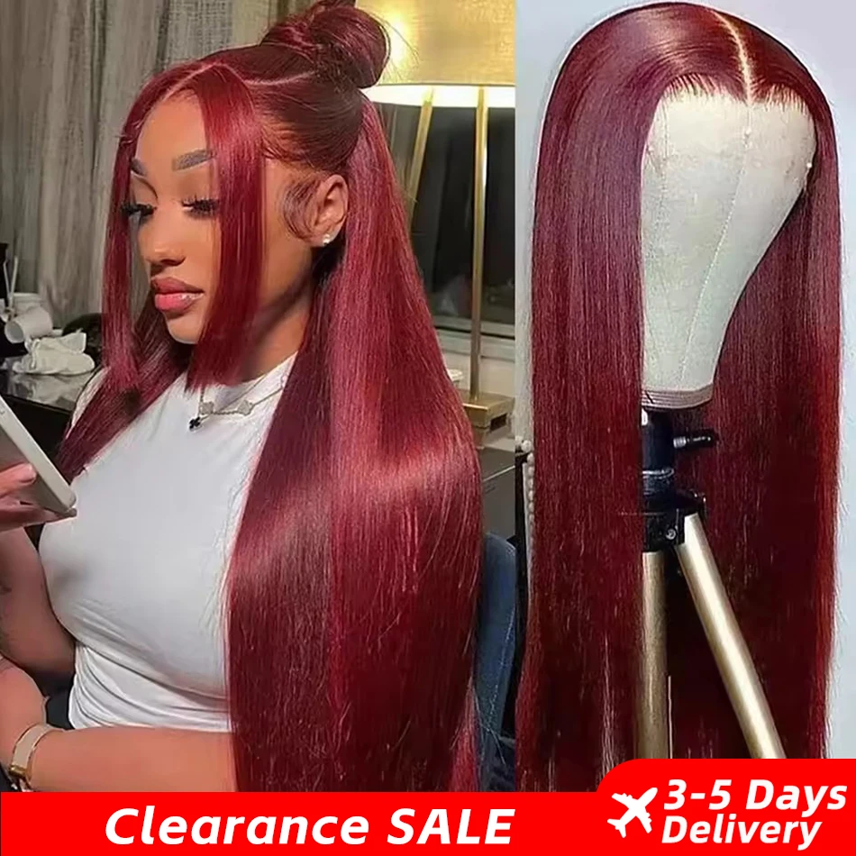 Pelucas frontales de encaje HD 13x6, pelucas de cabello humano con frente de encaje de color rojo burdeos 99J, pelucas de cabello humano liso prearrancado para mujeres