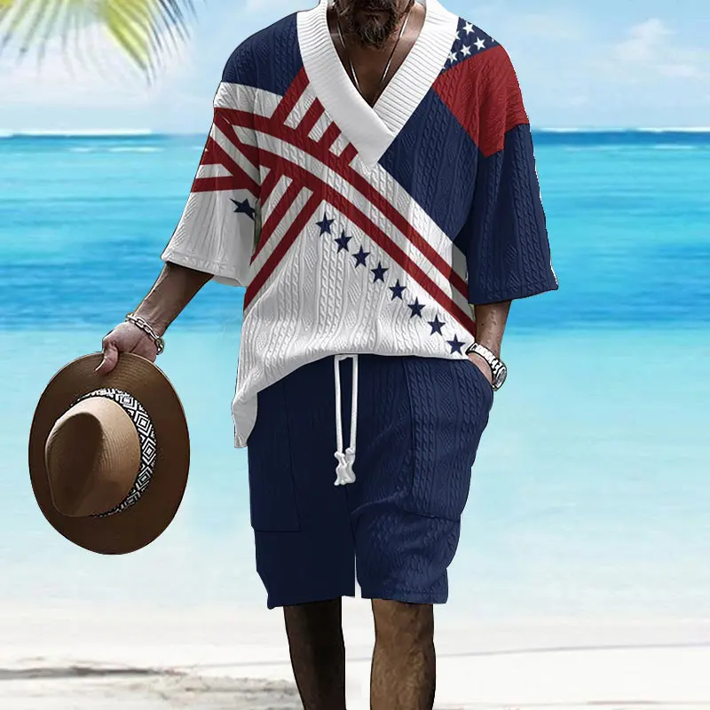 

2025 Новый модный мужской комплект, летняя мужская свободная футболка с 3D принтом больших размеров, повседневная футболка с короткими рукавами, шорты, комплект из двух предметов