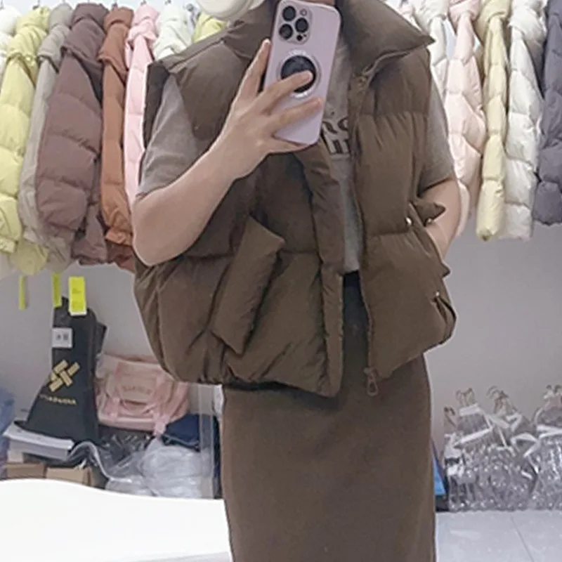 بلا أكمام المرأة أسفل سترة دافئة رشاقته خفيفة الوزن مبطن الستر موضة جديدة سستة الوقوف طوق الصلبة أكمام معاطف #3