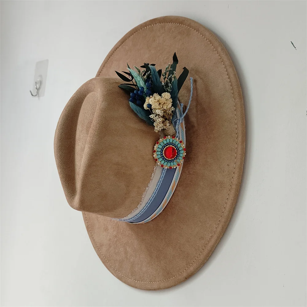 9,5 CM Zamszowy kapelusz z szerokim rondem dla mężczyzn i kobiet Jesienno-zimowy kapelusz retro Fedora Moda Suszony kwiat Akcesoria Kapelusz Kapelusz ślubny