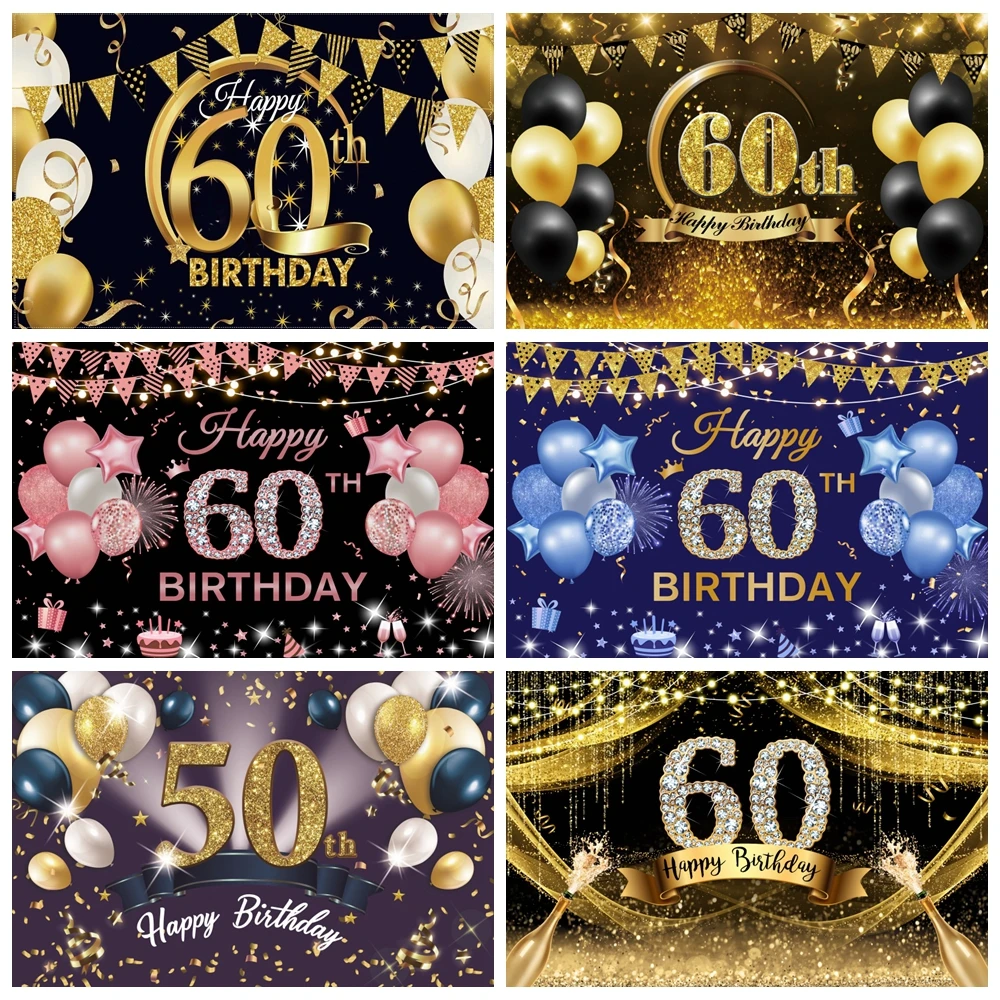 Gold Balloons Happy 60th 50th 40th 30th Adult Birthday Party Ribbon Celebration Poster Photo Background Photography Backdrop