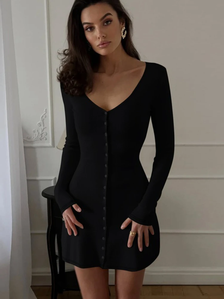 Tossy Fashion V-Neck Mini Dress For Women Long Sleeves Solid High-Waisted Charm Slim Party Dress Evening Female Mini Dress 2025