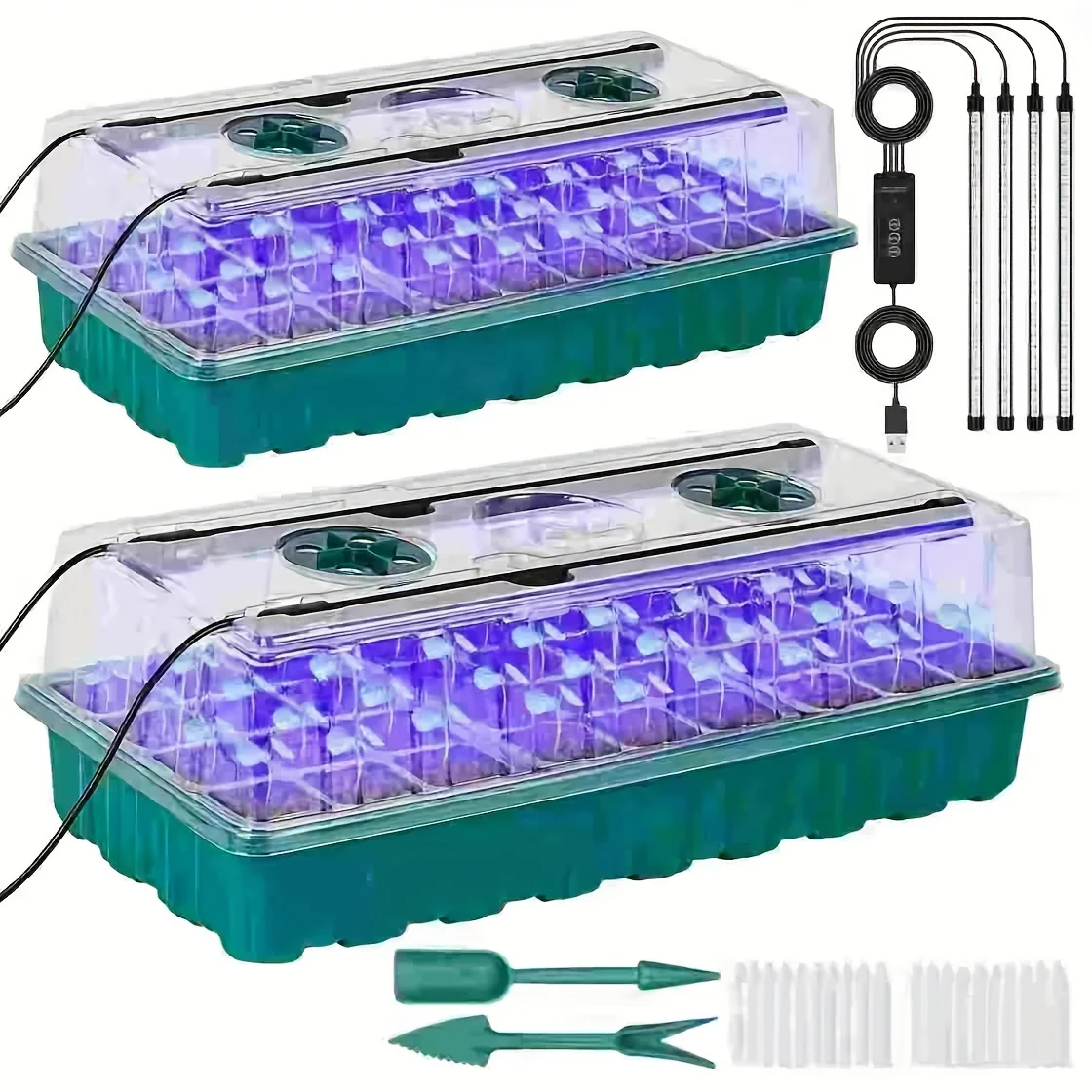 72-Cell Seed Starter Tray with Growth Light 2 Seed Germination Kits Adjustable Humidity Dome Tall Lid Seedling Tray for Garden