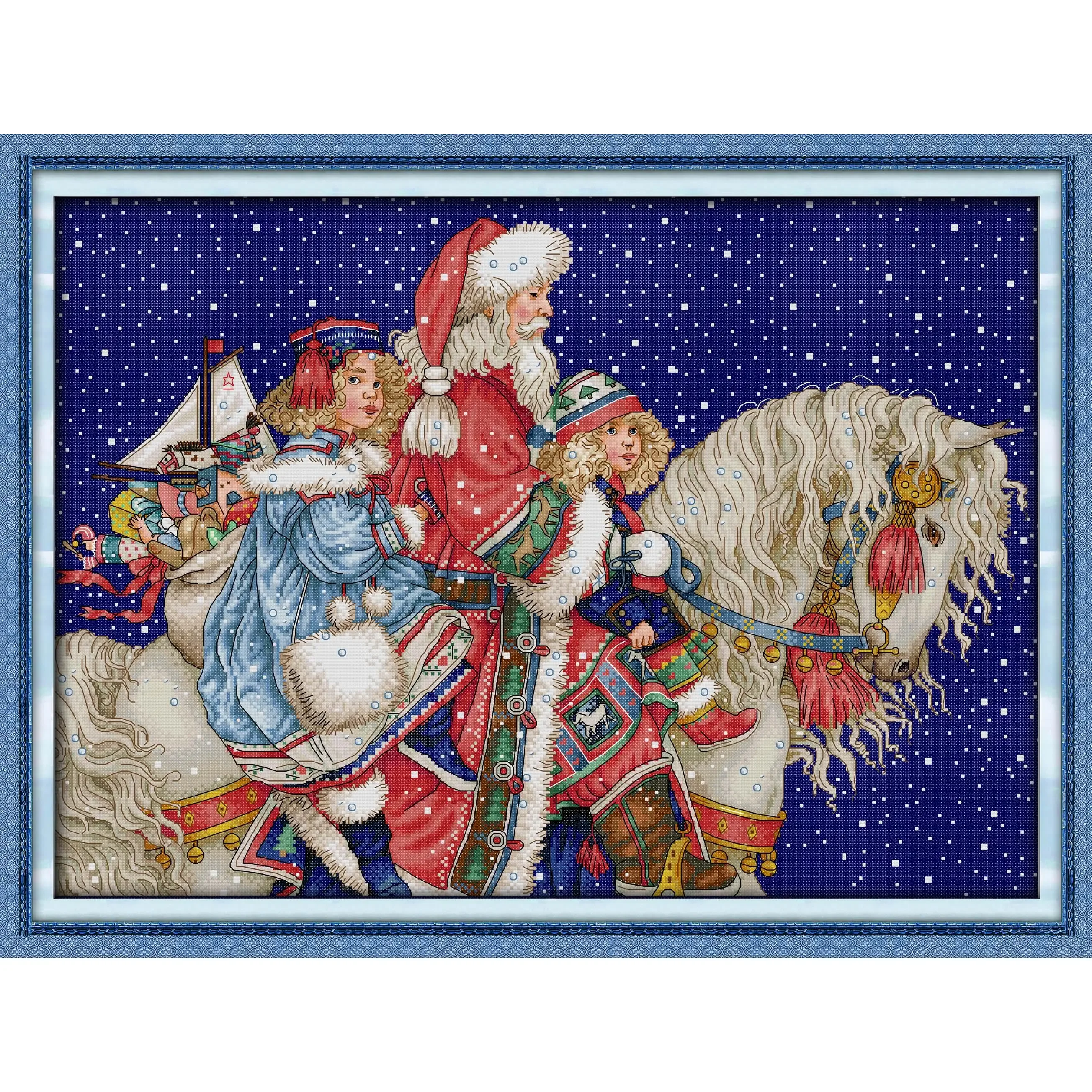 Joy Sunday Pre-printed Cross Stitch Kit  Easy Pattern Aida  Stamped Fabric Embroidery Set-Santa Claus and Children on Horseback