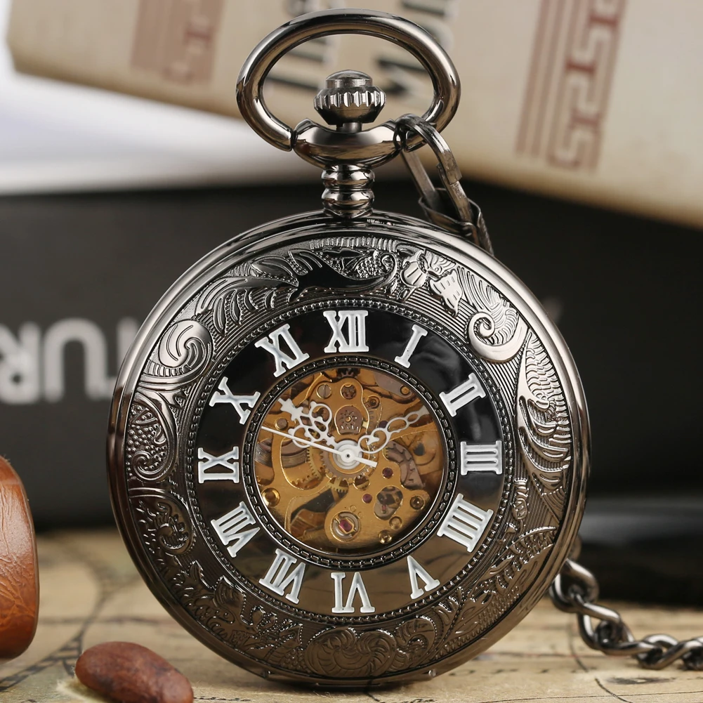 

Automatic Mechanical Pocket Watch Circle Openwork Black Roman Numbers Case Pocket Watches Pendant Self-wind Clock Gifts for Men