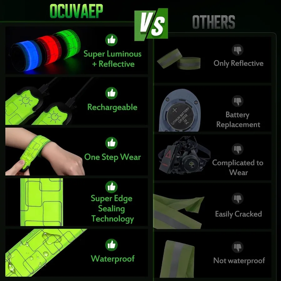 حزام ذراع LED للجري، 2 حزمة من شارات الإضاءة القابلة لإعادة الشحن، معدات الجري العاكسة عالية الوضوح للجري #6