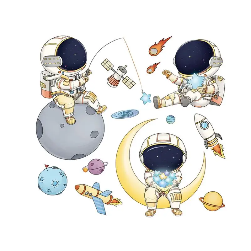 Astronaut Wall Decals For Boys Room Outer Planet Spaceman Cartoon Creative Removable Stickers Rocket Cosmonaut Spaceship Star