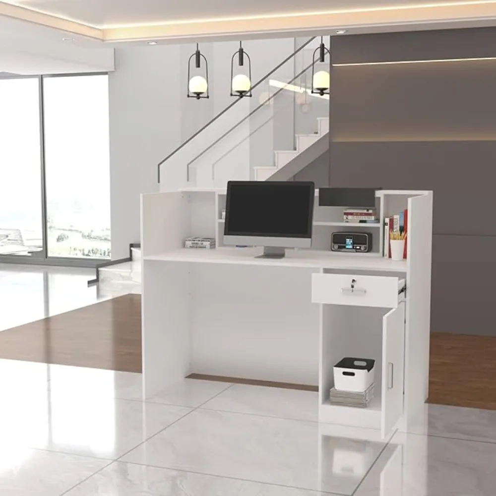 Front Counter Desk with Lockable Drawers, for Salon Reception Room Checkout Office, White Round Table & Dark Grey Counter