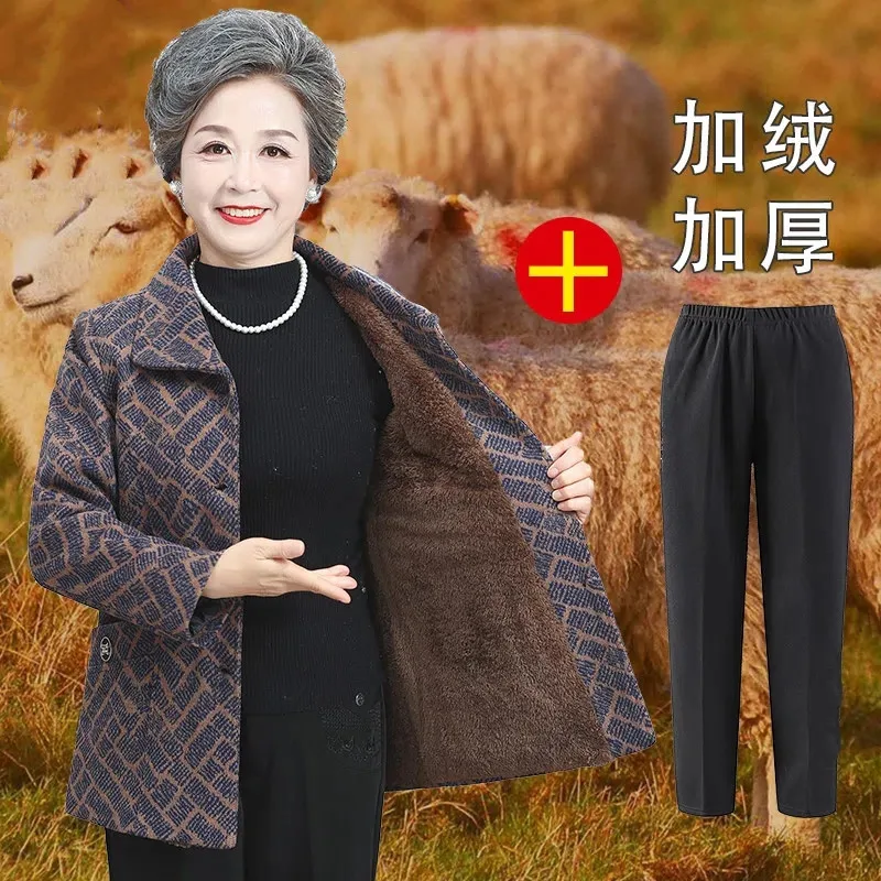 

5XL Grandma's Autumn Winter Clothes Add Velvet Short Jacket Thick Warm Elderly Women Casual Tops Middle-Aged Mother Fleece Coat