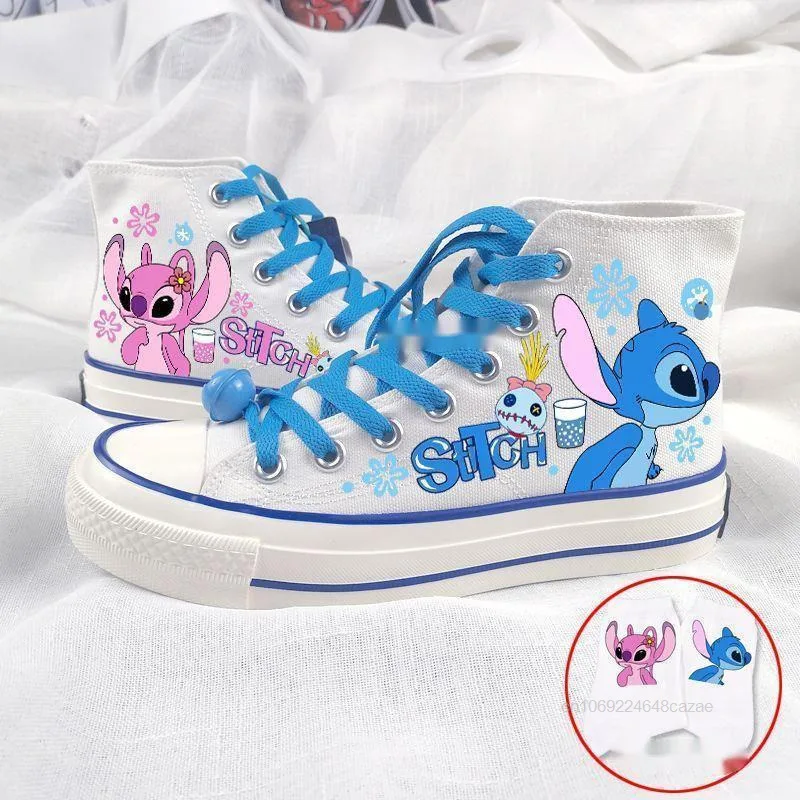 Disney Stitch Cute Print High Top Canvas Shoes Women Cartoon Graffiti Casual Flat Bottom Shoes Korean Version Trend Board Shoes