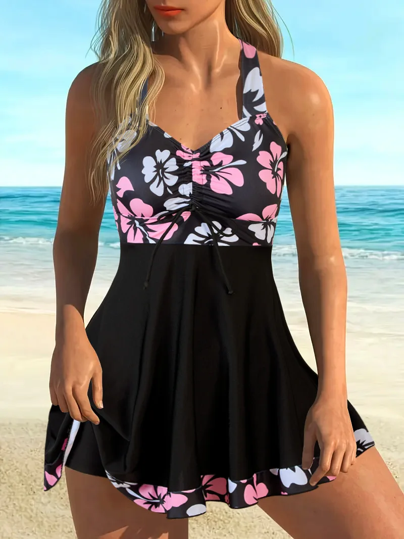 Conjunto de Tankini con estampado negro, novedad de 2025, trajes de baño de dos piezas, traje de baño de talla grande, trajes de baño para mujer, ropa de playa, Bikini, traje de baño