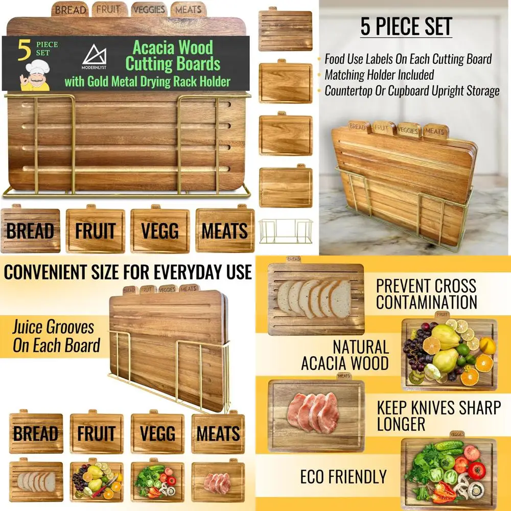 

13x11 Inch Acacia Wood Cutting Board Set with 4 Boards and Gold Holder | Eco-Friendly Kitchen Chopping Blocks