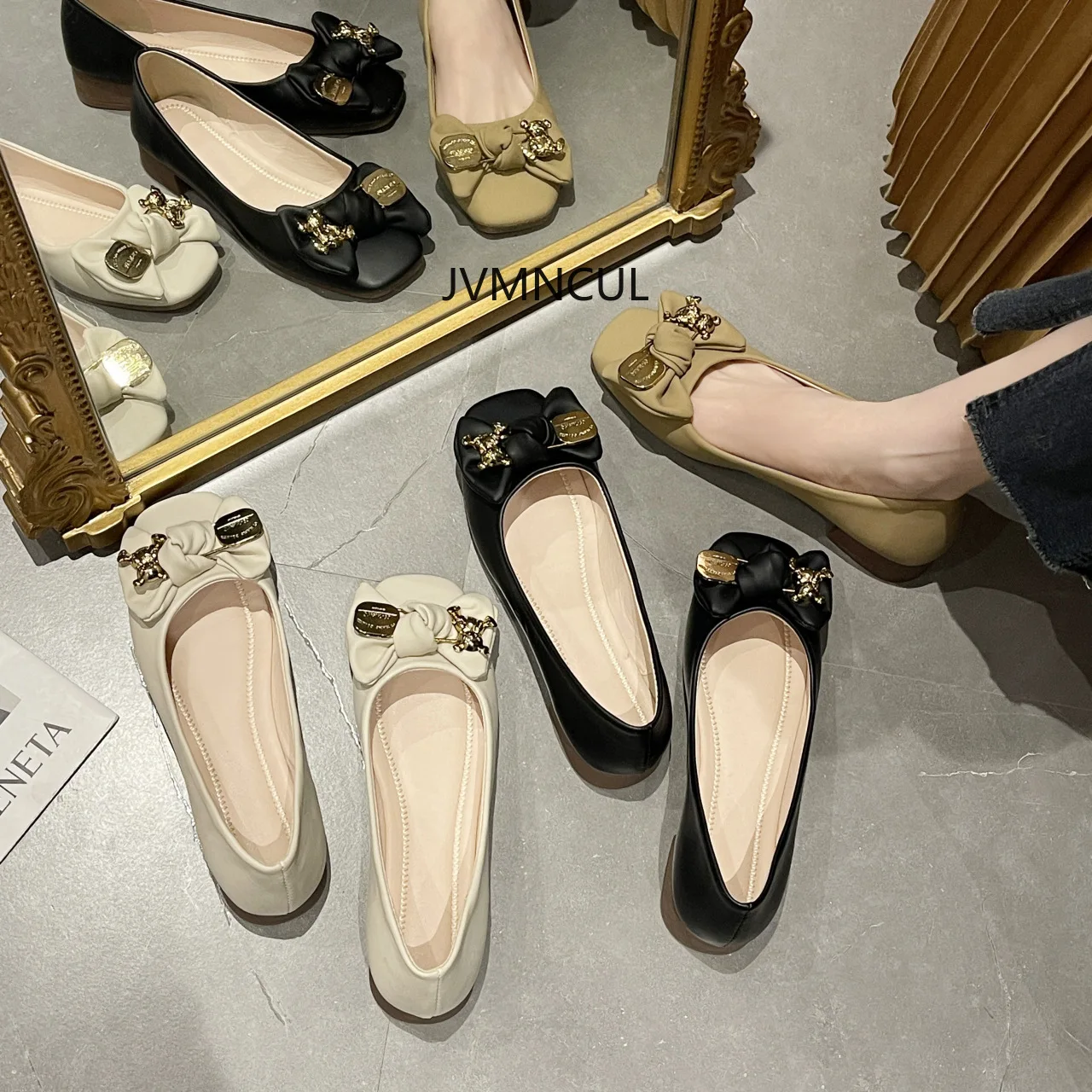 

Новое поступление 2025, женские осенние лоферы без шнуровки с квадратным носком и бантом на каблуке «котенок», туфли на плоской подошве со складами для оптовой продажи