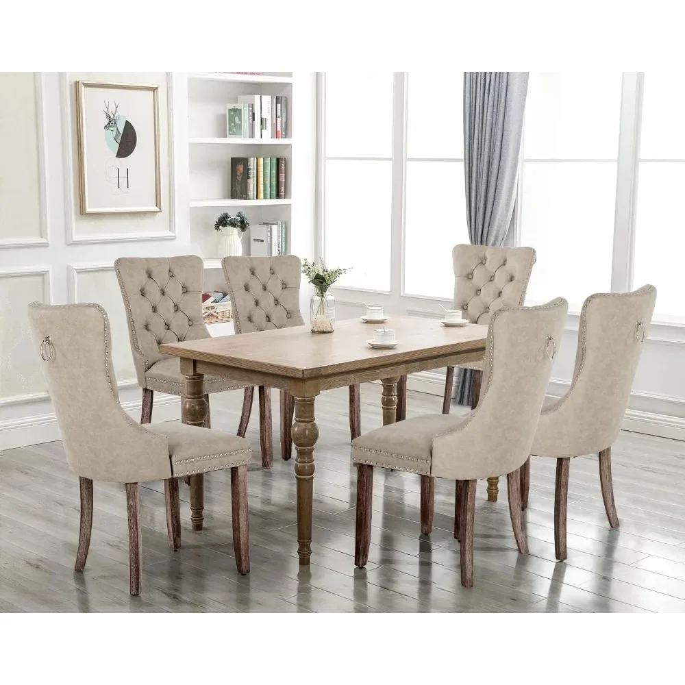 

Faux Leather Dining Chairs Set of 6, Upholstered Dining Room Chairs with Nailhead Back Ring Pull Trim Solid Wood Legs Luxury