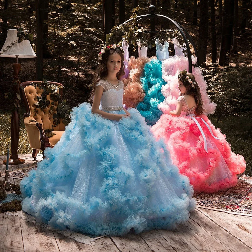 Cloud Flower Girl abiti per matrimoni abiti daminha bambini Pageant Ball Gowns piume abiti da prima comunione per ragazze