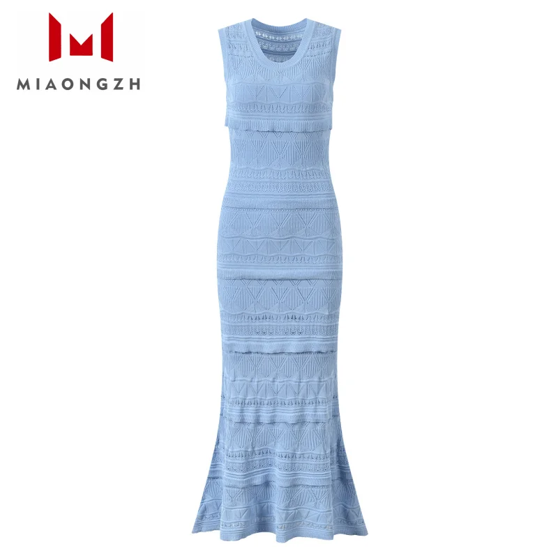 

2025 Summer New Long Dresses Knitted Hollow Out Ruffle For Women U Neck Temperament Vestidos Elasticity Slim Elegant Party Dress
