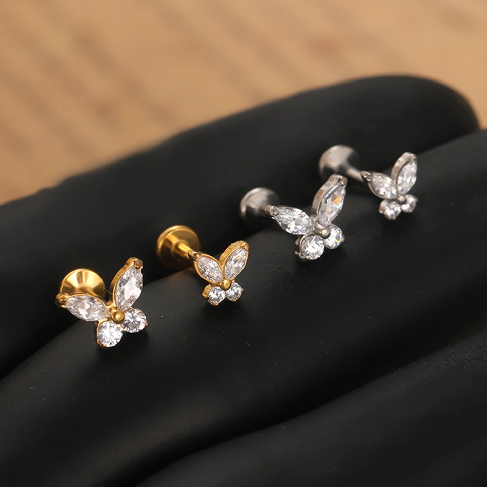 Boucle d'oreille papillon à dos plat en titane, 1 pièce, filetage interne, Tragus Labret, Piercing Helix Cartilage nez, clou 16G, bijoux