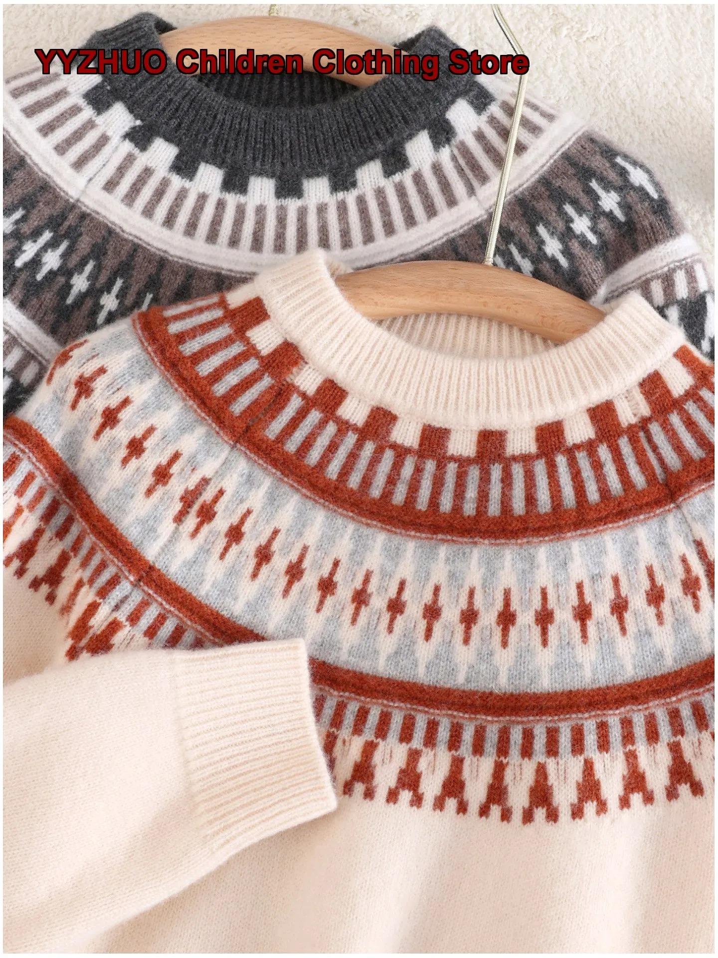 Kids Fair Isle Thickened Cashmere Knit Top Girls Infants Base Layer Boys Warm Outerwear