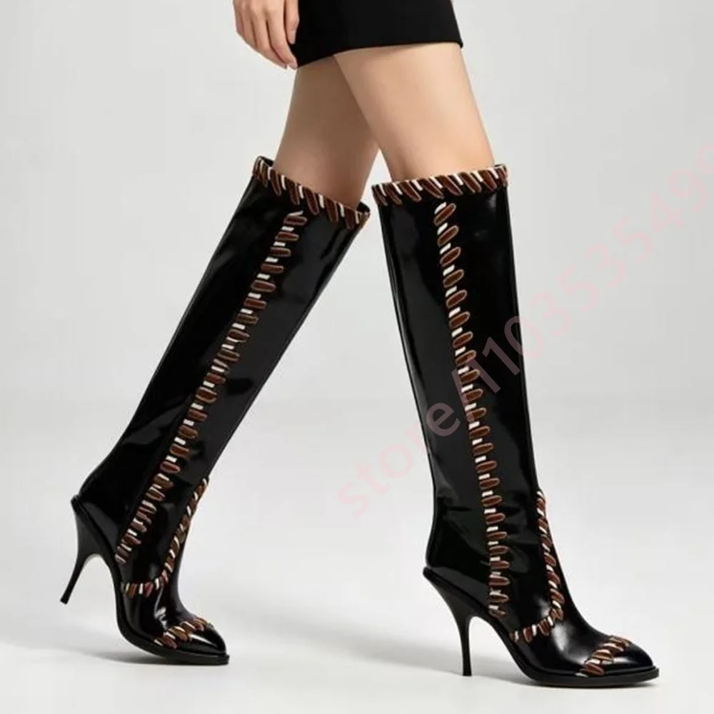 Women Pointed Toe Mid Calf Boots 2026 New Glossy Contrast Stitch Decor Slim High Heel Retro Western Style Party Dress Boots