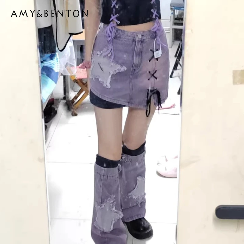 

Японская летняя оригинальная фиолетовая женская юбка трапециевидной формы на бретельках 202, милая крутая тонкая универсальная мини-джинсовая юбка с высокой талией, женские