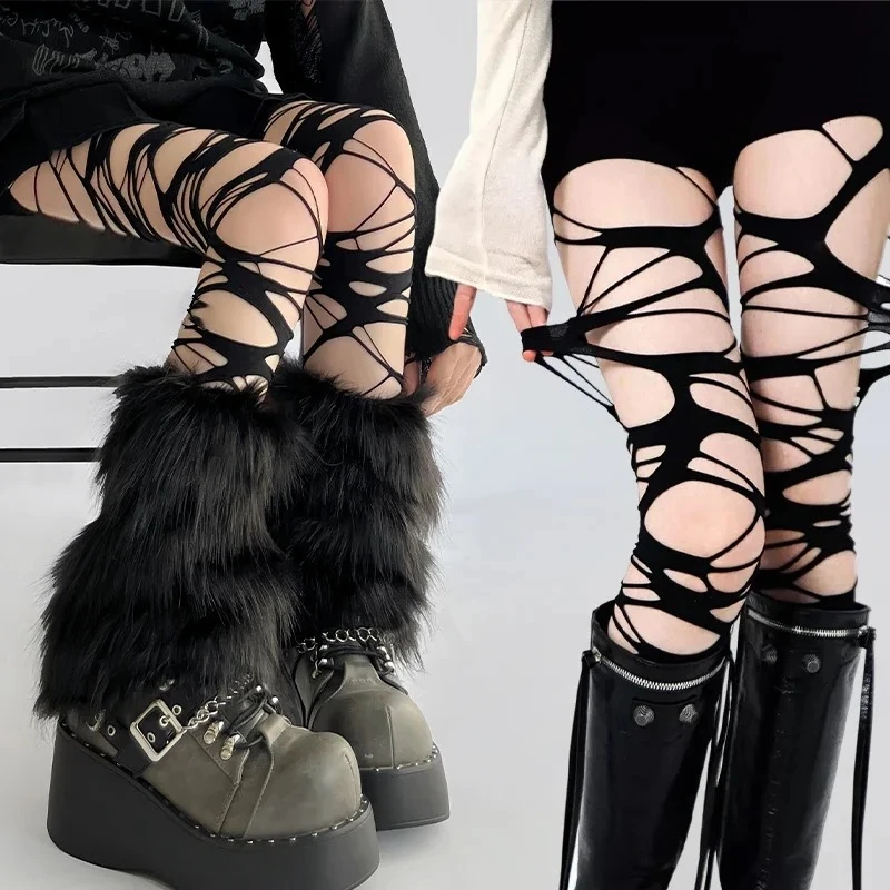 Medias con agujeros y correa rasgada Punk para mujer, medias sexys de tela de araña gótica de Lolita, medias suaves de malla negra Y2k, medias altas