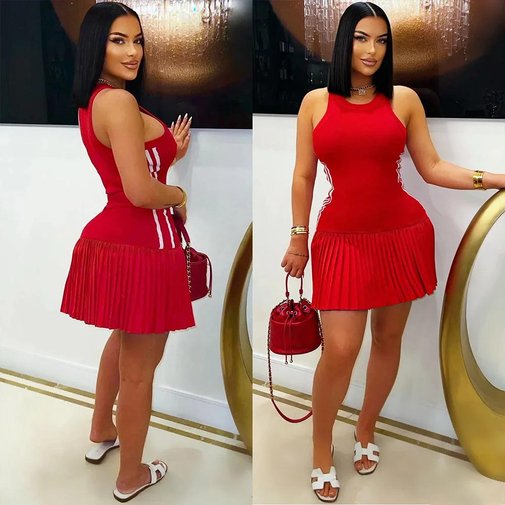 Irmã estrela moda casual sexy sem mangas em torno do pescoço saia plissada vestido curto atacado temperamento commuter vestidos esportivos