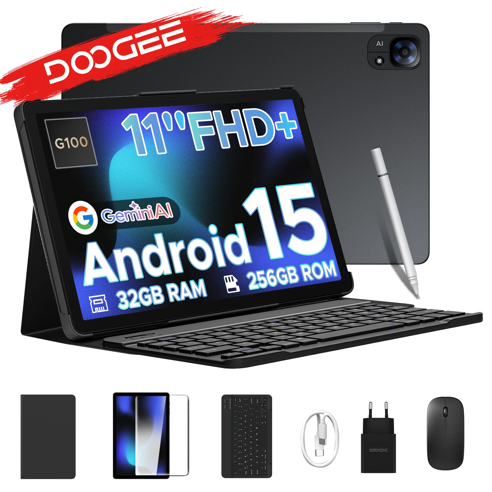 Version mondiale Doogee Tab E3 tablette Android 15 Gemini Ai 11 "ultra-clair 32 Go (8 + 24) 256 Go Helio G100 8800 Mah batterie tablette