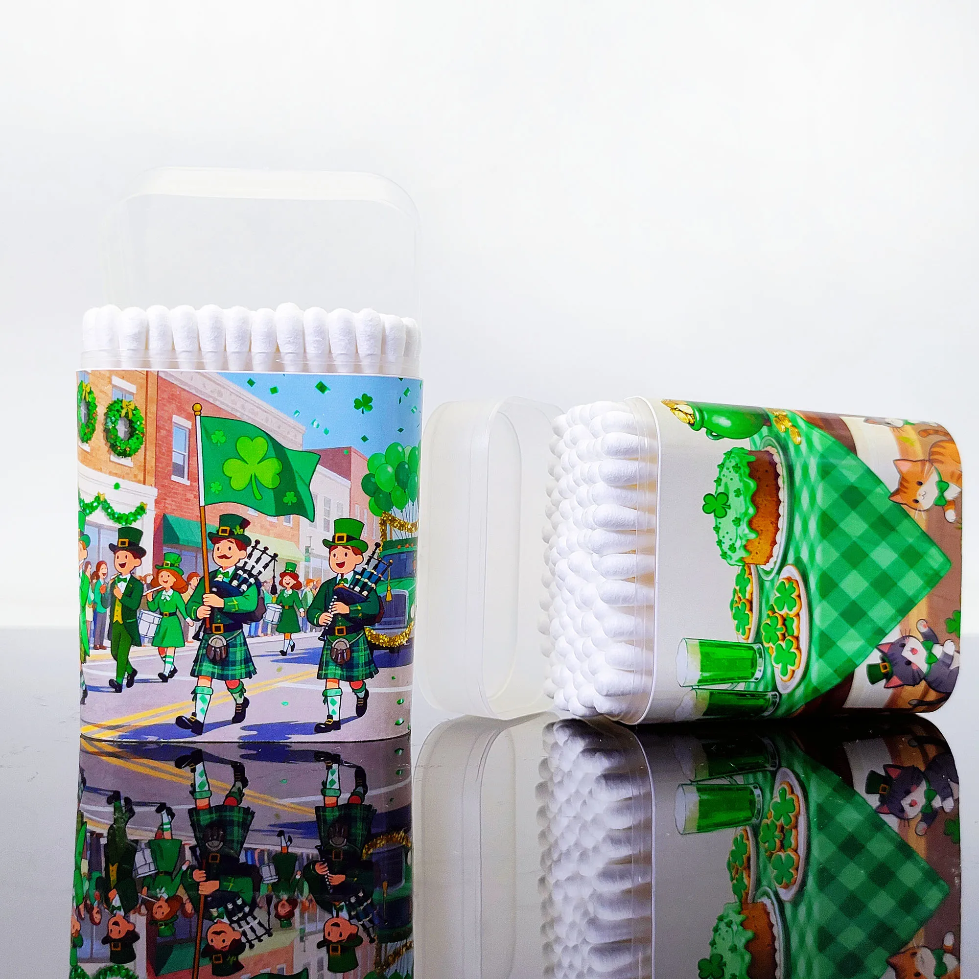 200 hisopos de algodón con temática del Día de San Patricio, cuchara redonda de doble punta, bastoncillos gruesos, serie navideña creativa.