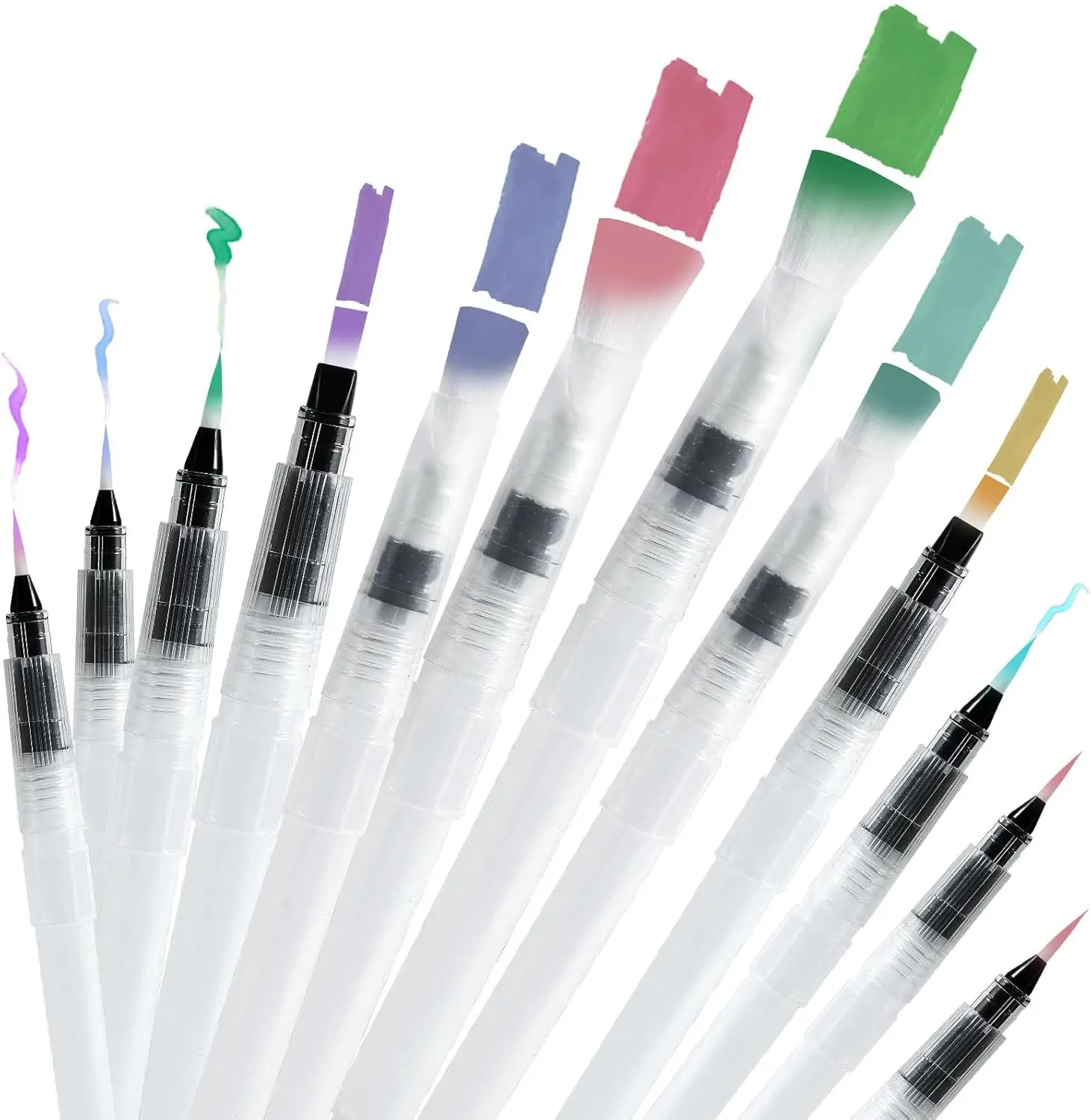 

12 Watercolor Brush Pens, Leakproof Refillable, 6 Assorted Tips for Aquarelle, Gouache, Acrylics, Value Set