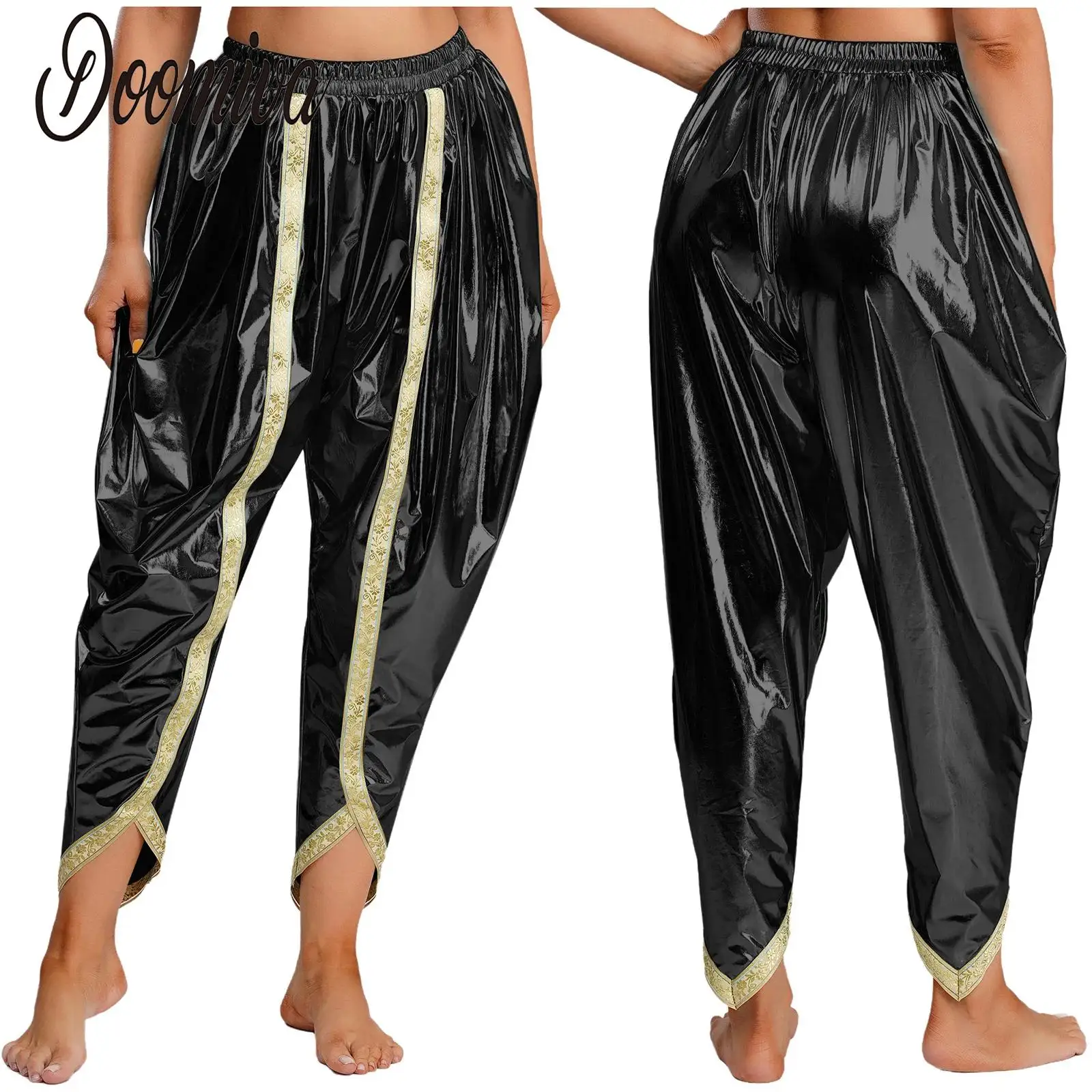 

Shiny Women Indian Dhoti Belly Dance Costume Pants Metallic Arab Baggy Pants Tribal Harem Palazzo Pants for Theme Party cosplay