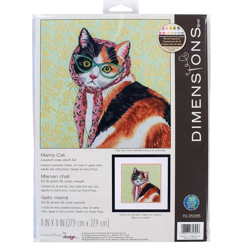 

70-35395 Mama Cat Counted Cross Stitch Kit, 14 Count Light Green Aida Cloth, 11'' x 11''