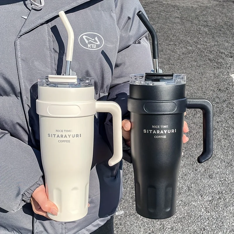 1pc 1140ML Minimalist Stainless Steel Tumbler, Dual Drink Lid with Handle, Portable for Car Office & Fitness
