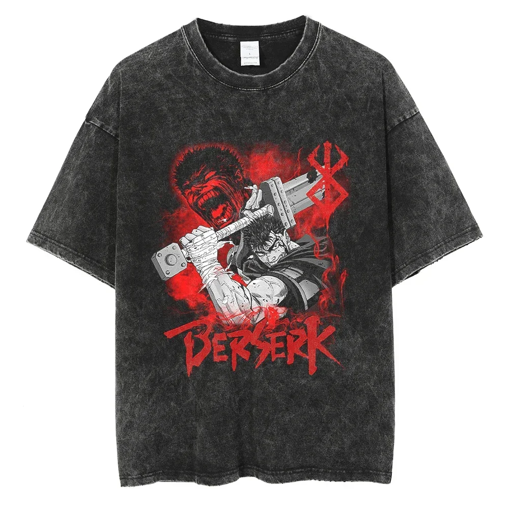 Punk Berserk T Shirt Men Anime Vintage Washed Tshirt Short Sleeve Tops Harajuku Hip Hop Streetwear Oversized Tees Dropshipping