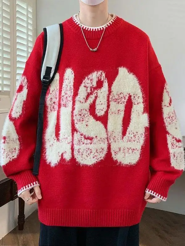 Мужской свитер большого размера в американском винтажном стиле с буквенным принтом, теплый вязаный свитер для осени и зимы, повседневный свободный крой