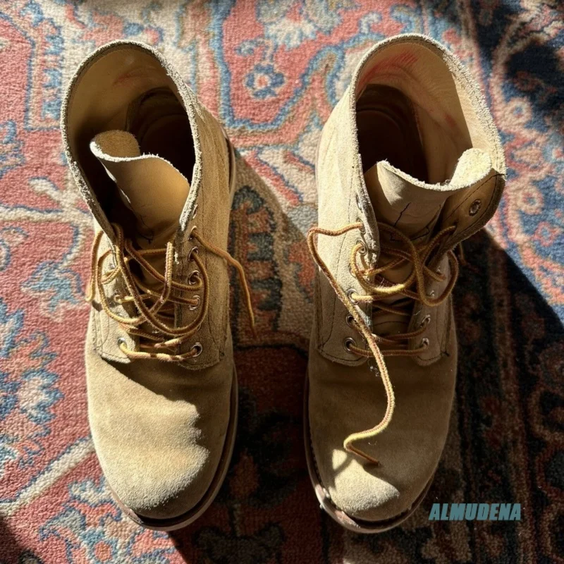 Beige Faux Suede Lace-Up Work Boots Men's Round Toe Vintage Style Non-Slip Outdoor Casual Comfortable Hiking Ankle Boots