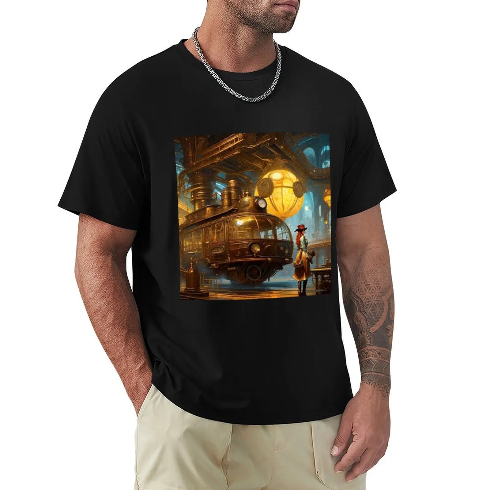 Steam Powered Tram - Surreal Fantasy Art T-Shirt Street Style Casual Tee Shirt