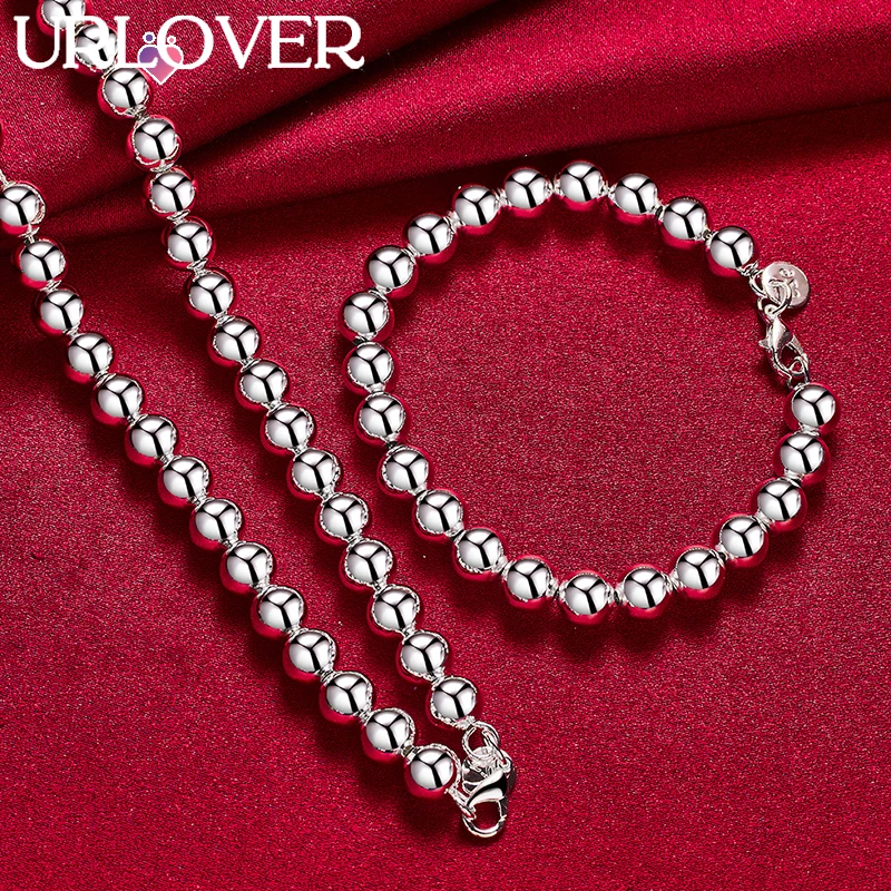 

URLOVER 2pcs/lot 925 Sterling Silver 8mm Bead Chain Necklace Bracelet Set For Woman Party Birthday Wedding Fashion Charm Jewelry