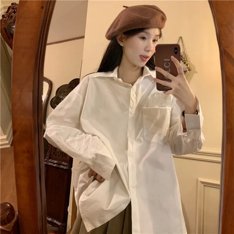 Camisas brancas femininas único breasted manga longa turn down collar senhora do escritório estilo coreano moda casual solta all-match simples