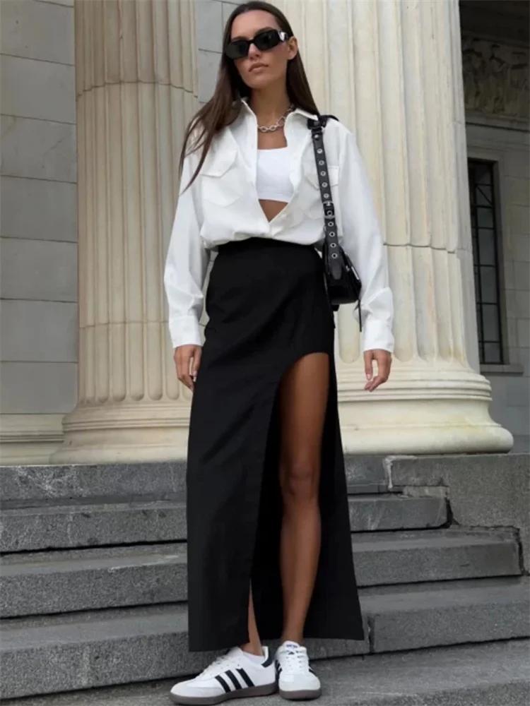Black High Waist Long Skirt for Women Summer Fashion Side Split Patchwork Streetwear Y2k Sexy Maxi Skirt for Ladies 2025