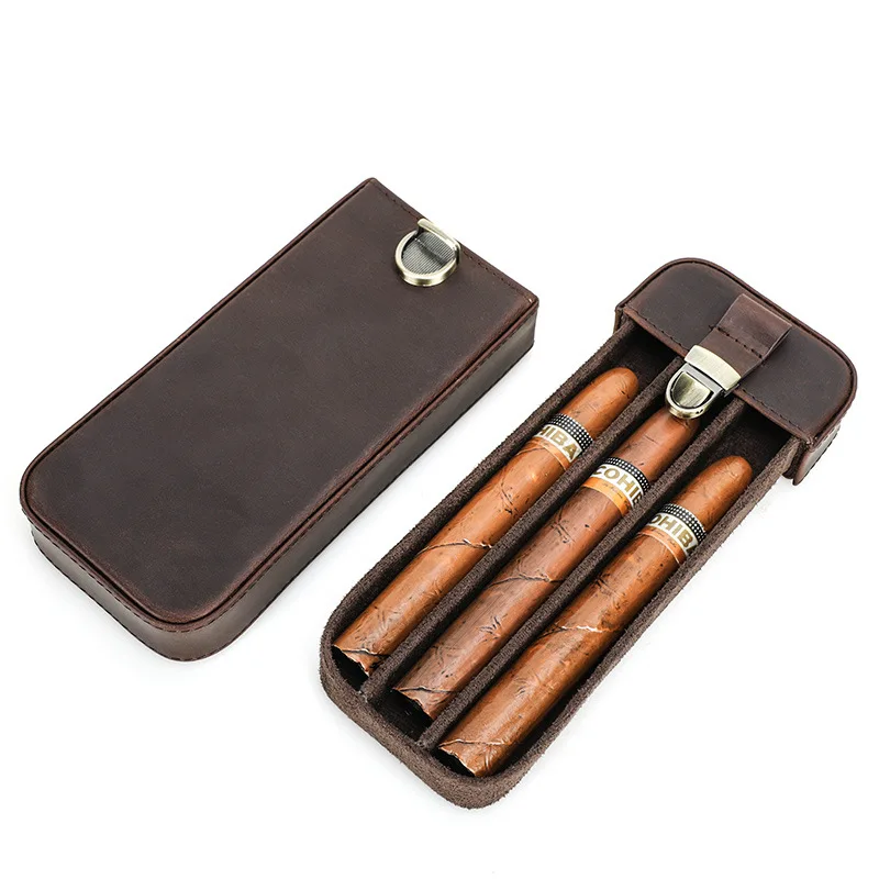 

Cowhide Cigar Box Three Pack Handmade Lock Drawer Retro Leather Cigar Moisturizer
