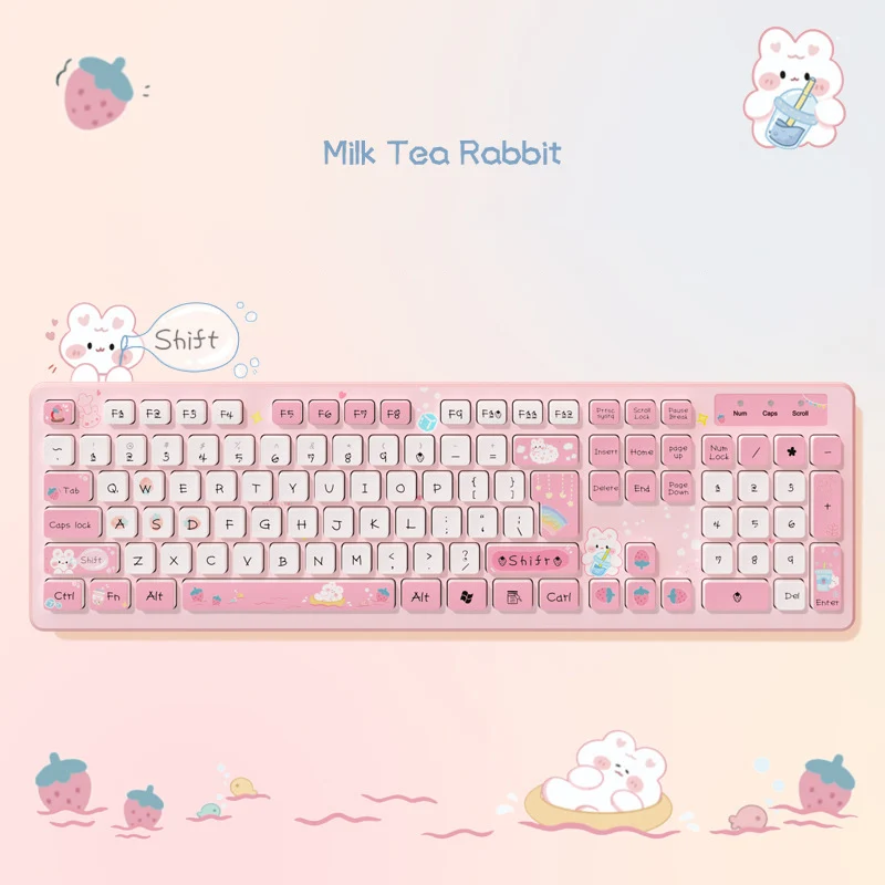 104 Keys Cute Wired Keyboard Kawaii Pink Cartoon Girl Gamer Keyboard Wireless Gaming Keyboard For Laptop PC Computer Desktop