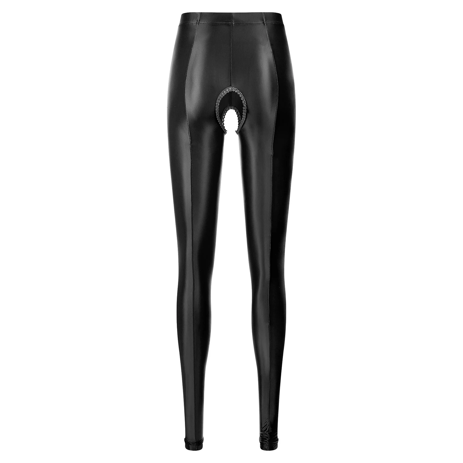 Womens Glossy Stretchy Open Crotch Leggings Solid Color Skinny Pants Exotic Panties for Nightwear Valentines Day Honeymoon Gift