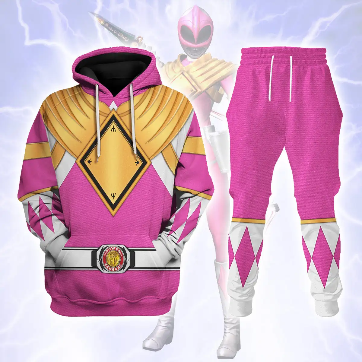 Men's 2-piece Sports Suit, Superhero Role-playing 3D Printed Hoodie and Sweatpants, Pink Powerful Ranger Costume