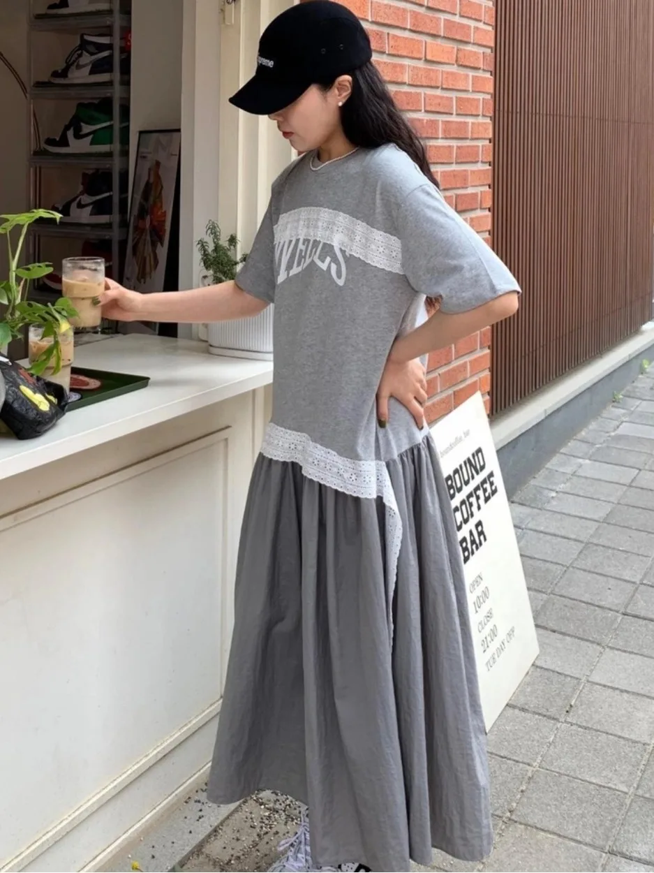 

Summer New Lace Splicing Color Blo Women's Dr ort Sve Long Skirt Design Sensation Lazy Sle Casual Faion Dr