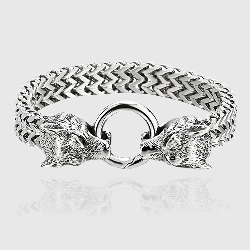 

Double Wolf Charm Bracelet For Men Stainless Steel Cowhide Leather Men Bangle Bracelet Silver Color Armband Jewelry